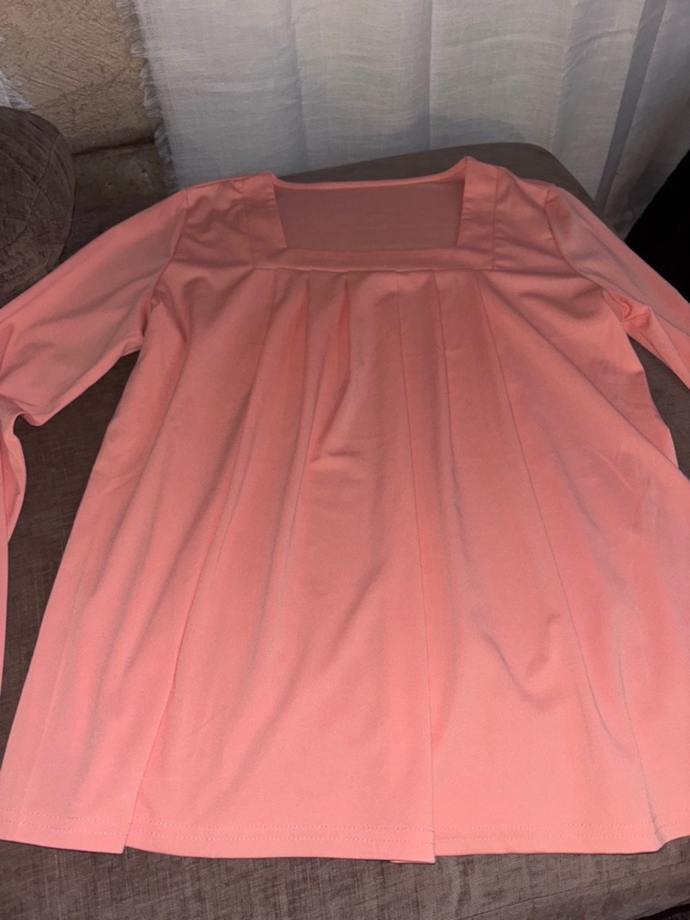 Peach Square Neck Pleated Long Sleeve Top